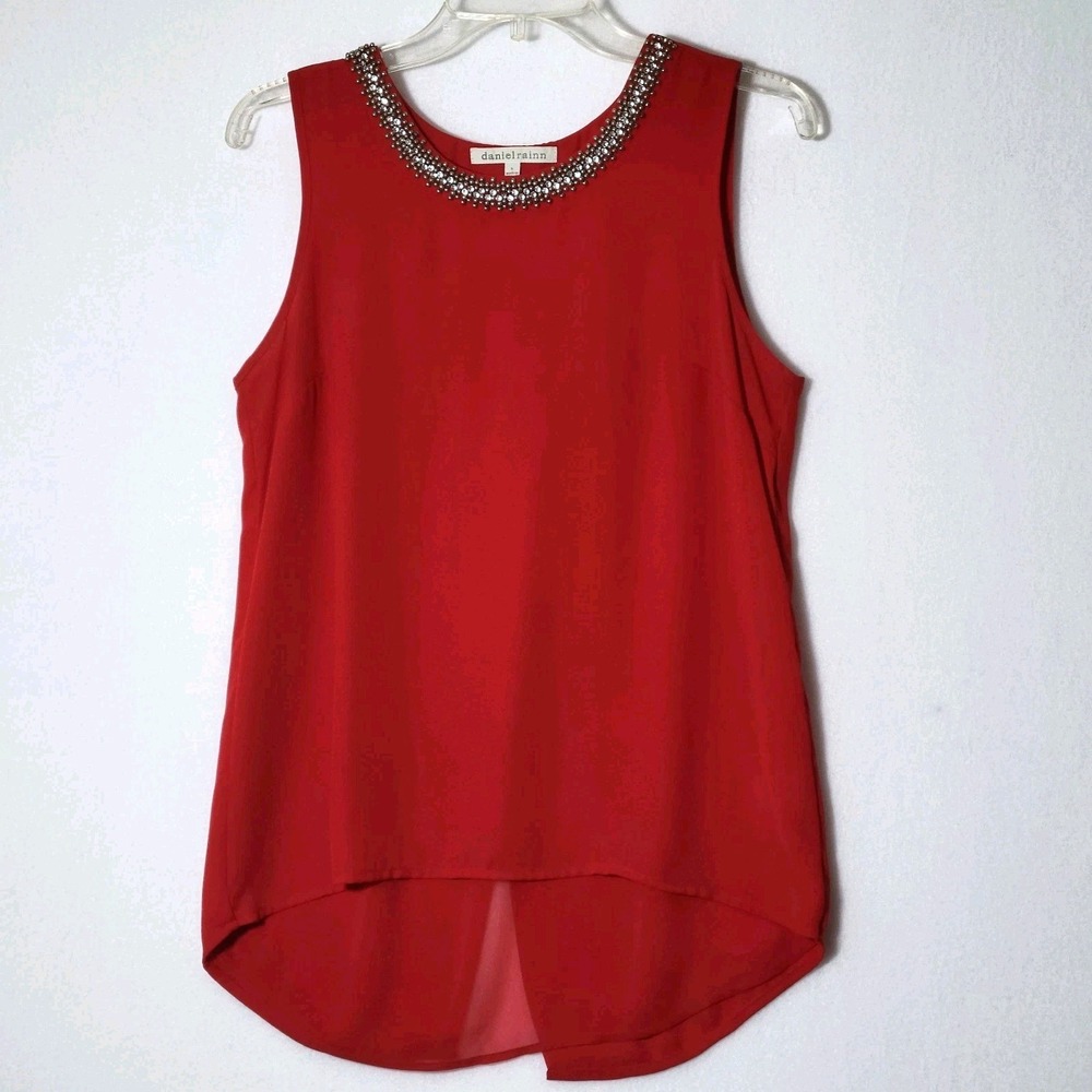 Daniel Rainn Embellished Chiffon Blouse S Red Beaded‎ Neckline Flowy Effortless